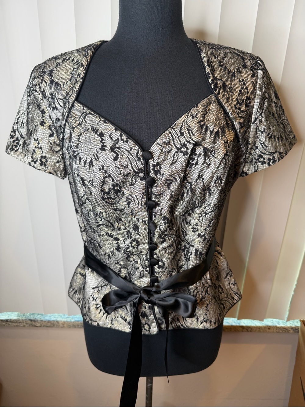 Xscape Elegant Black and Gold Lace Peplum Top with Satin Tie Size 10